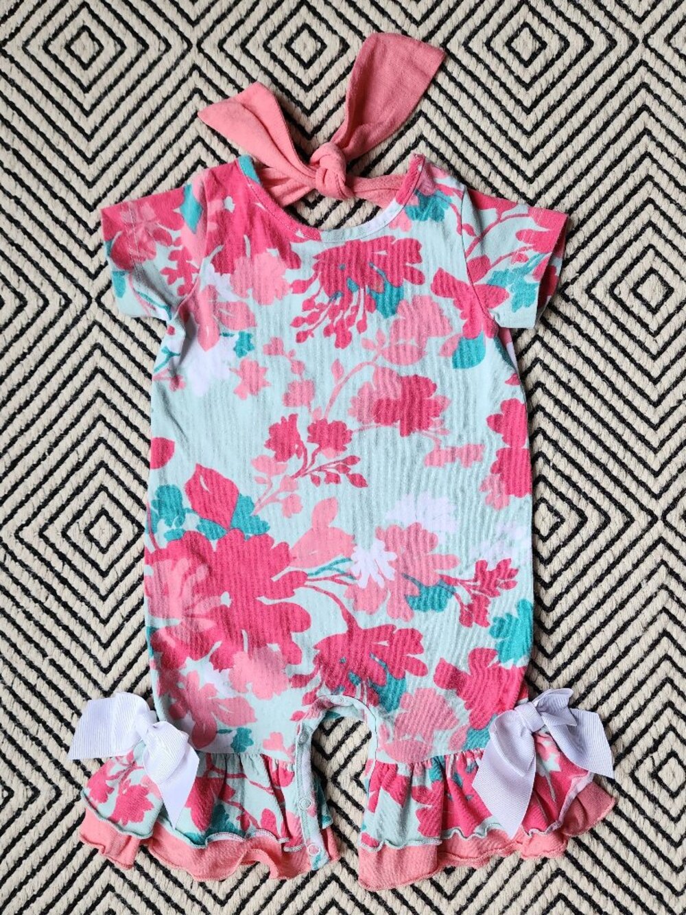 12M Ricrac & Ruffles Floral Short-Sleeved Ruffle Leg One-Piece